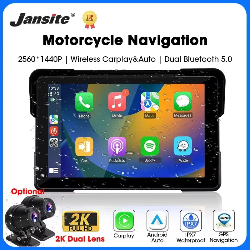5"/7" Motorcycle CarPlay Screen – Wireless CarPlay & Android Auto, GPS Navigation, Dual Bluetooth, IPX7