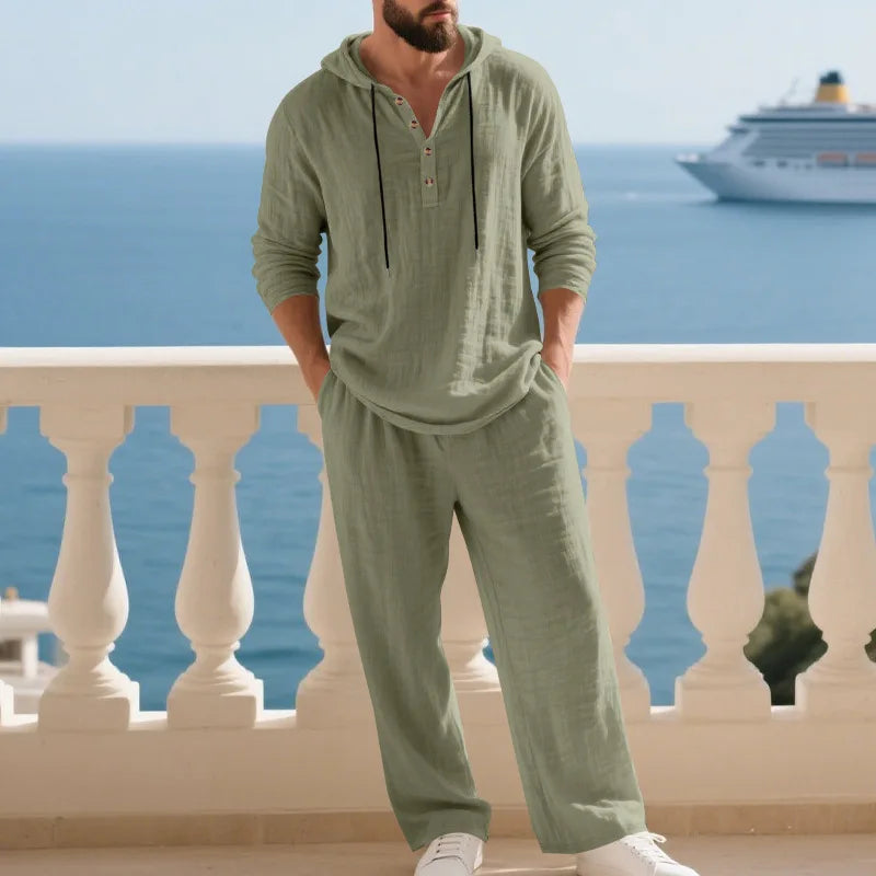 Men's Linen Casual Loose Hooded Henley Shirt & Long Pants Set – Relaxed Autumn 2-Piece Suit