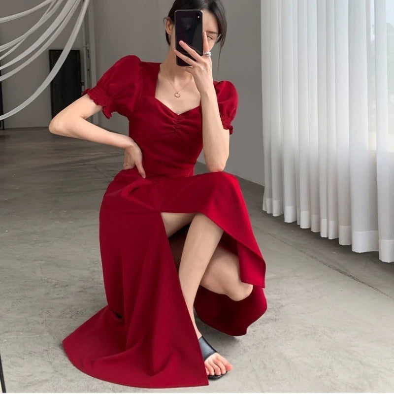 V-Neck Puff Sleeve A-Line Maxi Dress — Side Slit Slim Evening Party Dress