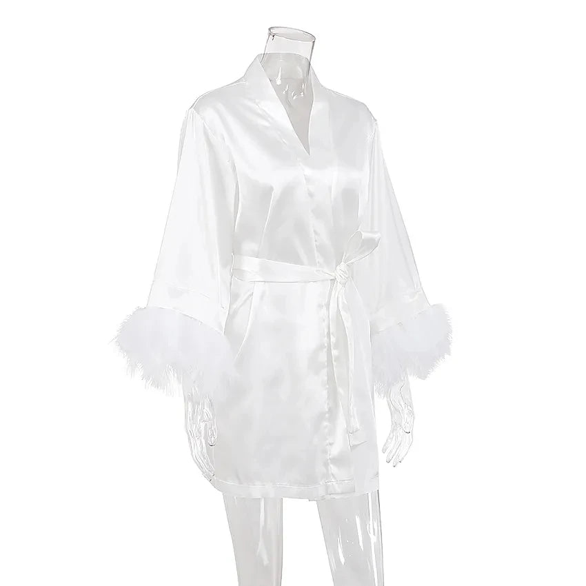 White Feather & Fur Trim Satin Robe | Bridal Nightgown Bathrobe for Women