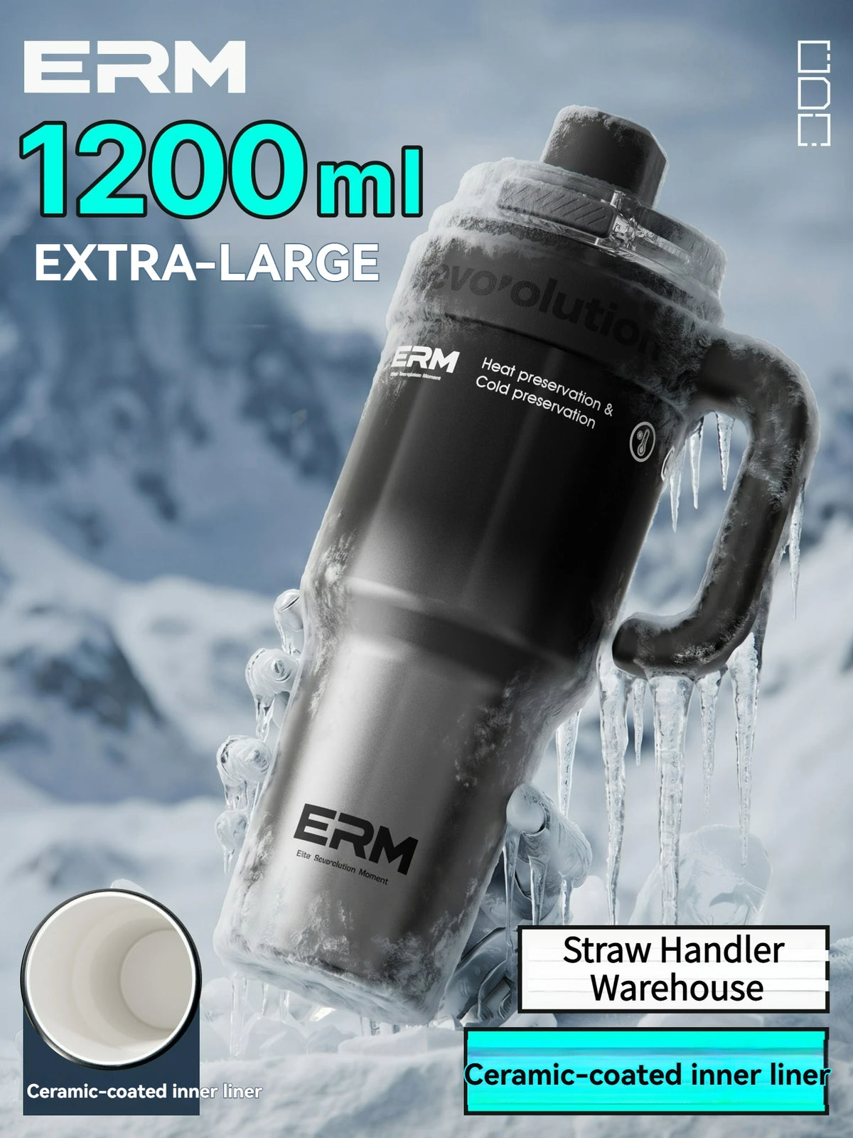 1200ml Insulated Tumbler with Straw & Handle