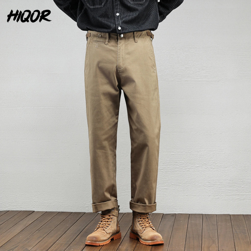 Men's Vintage Straight Leg Cotton Workwear Trousers — Loose Fit Retro Pants for Autumn & Winter