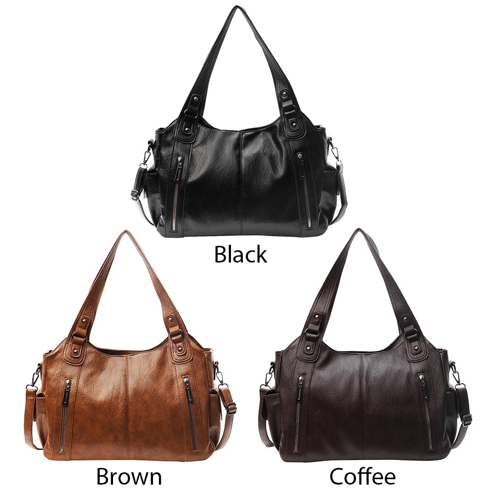 PU Leather Tote Bag with Zipper for Women — Multi-Pocket Shoulder Bag, Retro Crossbody Handbag
