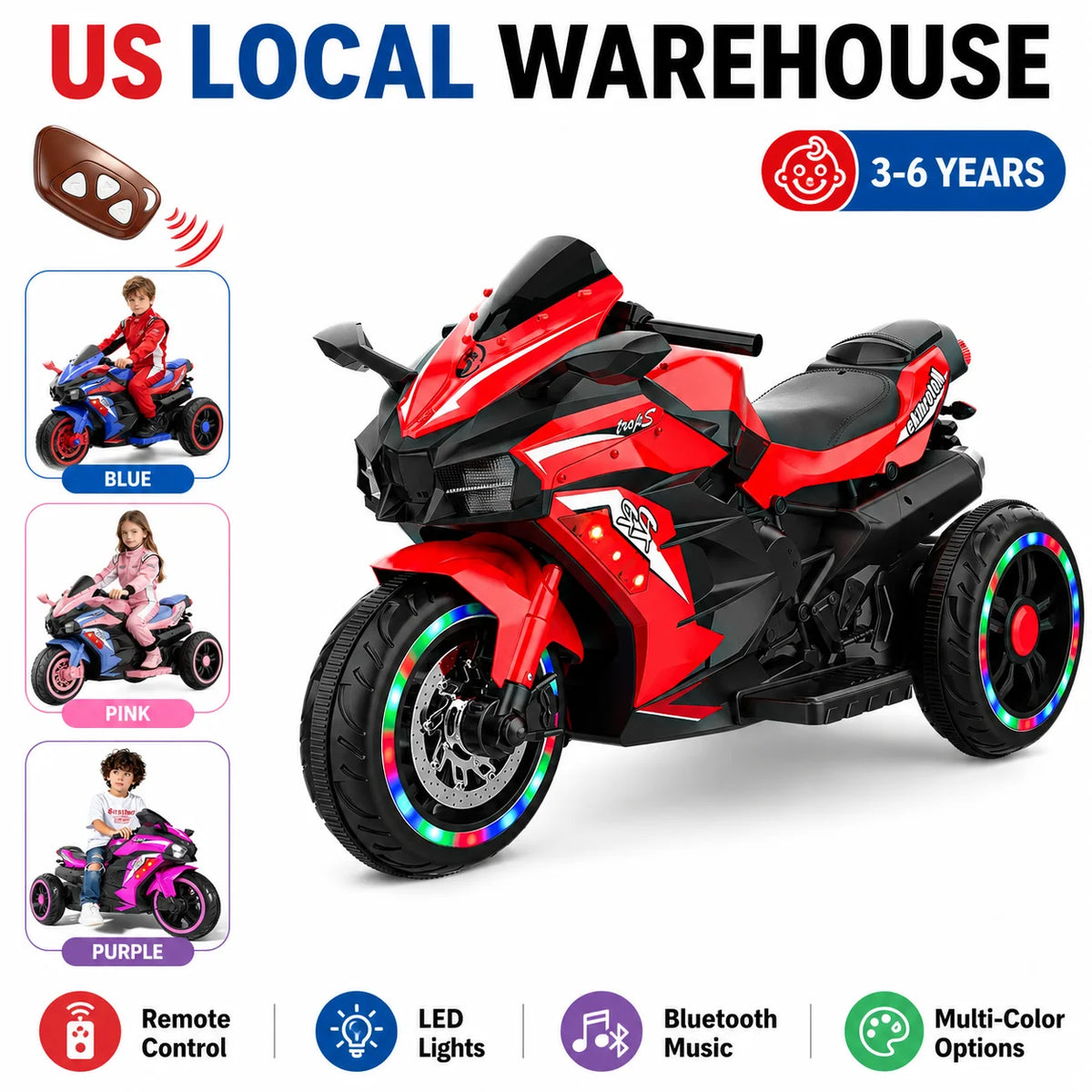 12V Kids Ride-On Motorcycle – Three-Wheel Electric Toy with Remote