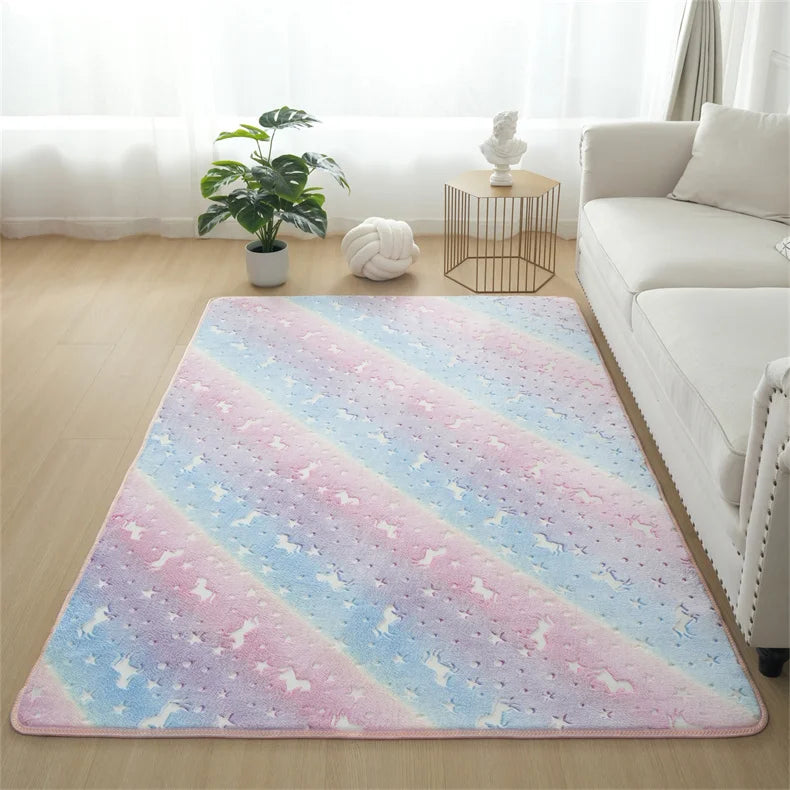Rainbow Unicorn Glow in the Dark Area Rug – Large Kids Room Carpet with Stars