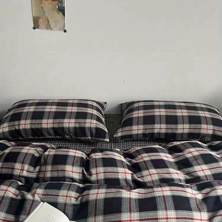 Pink Classic Plaid Duvet Cover Set | Twin & Queen, Flat Sheet & Pillowcase, Soft Home Decor Bedding (No Filler)