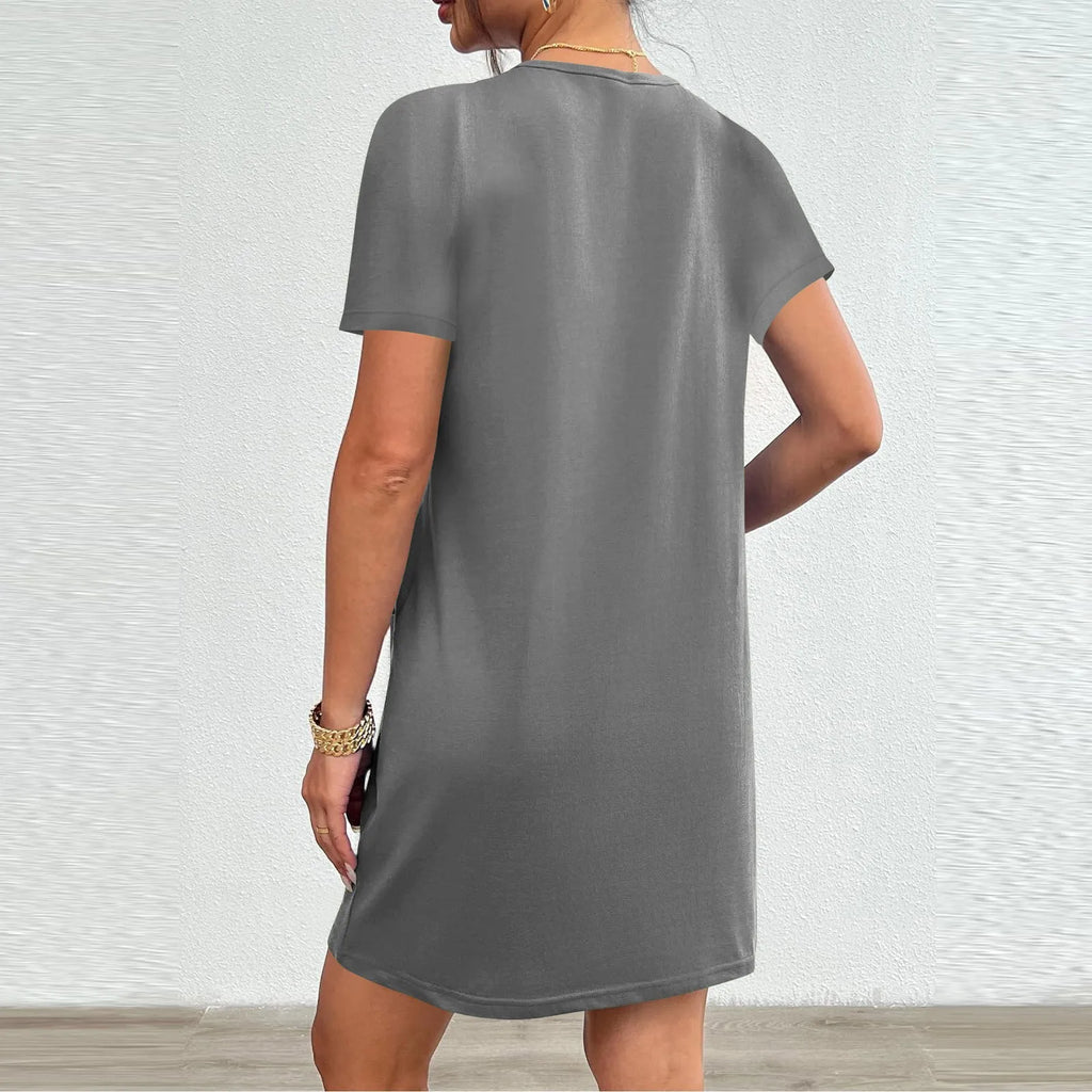 Solid Color Pocket Casual Sports Dress — Short Sleeve O-Neck A-Line Knee-Length Dress