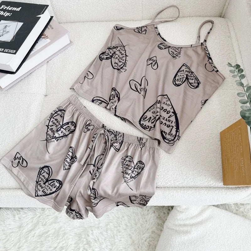 Women's Ice Silk Print Pajama Set | Round Neck T-Shirt & Shorts Breathable Homewear