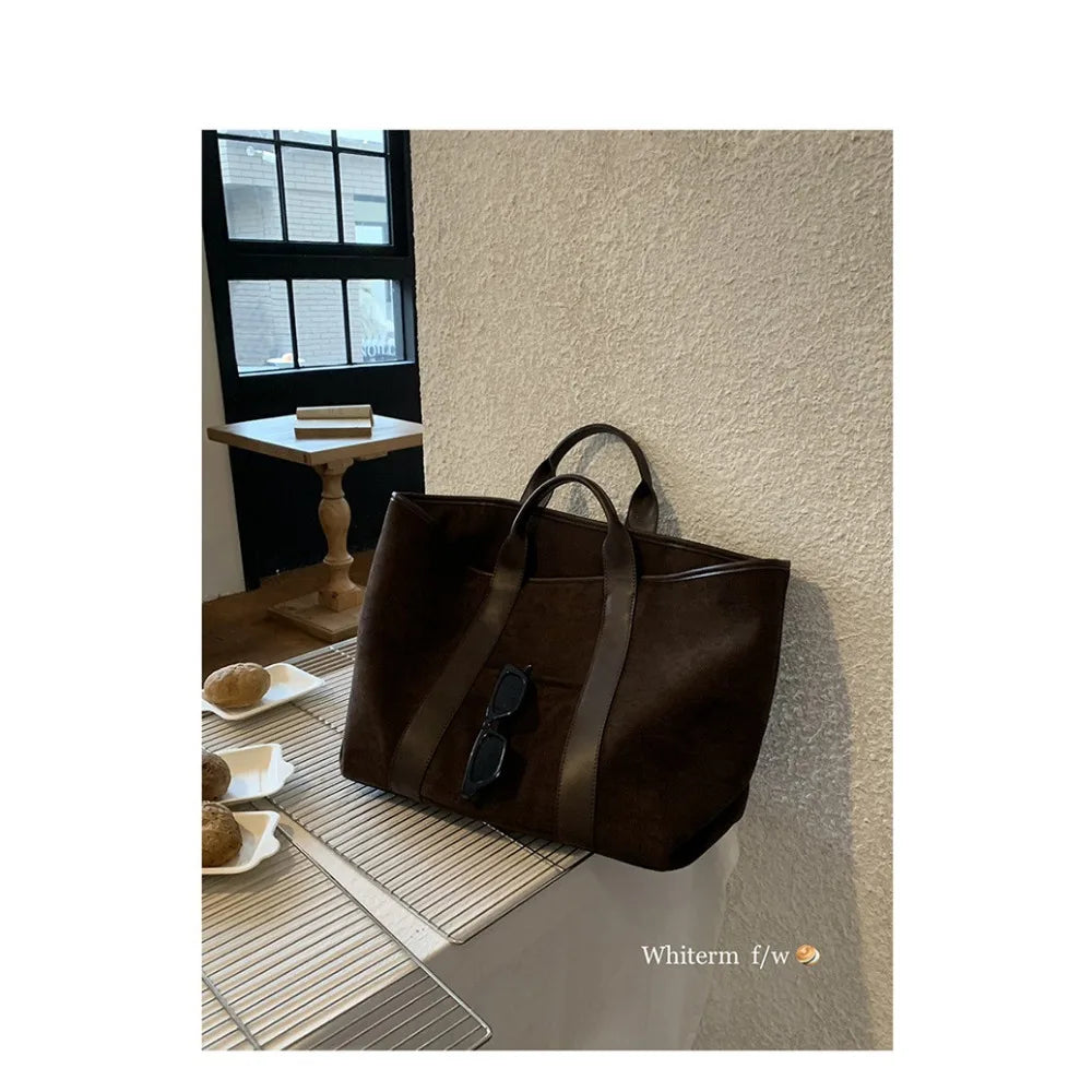 Large Capacity Retro Faux Suede Shoulder Tote Bag – Luxury Commuter Travel Handbag for Women