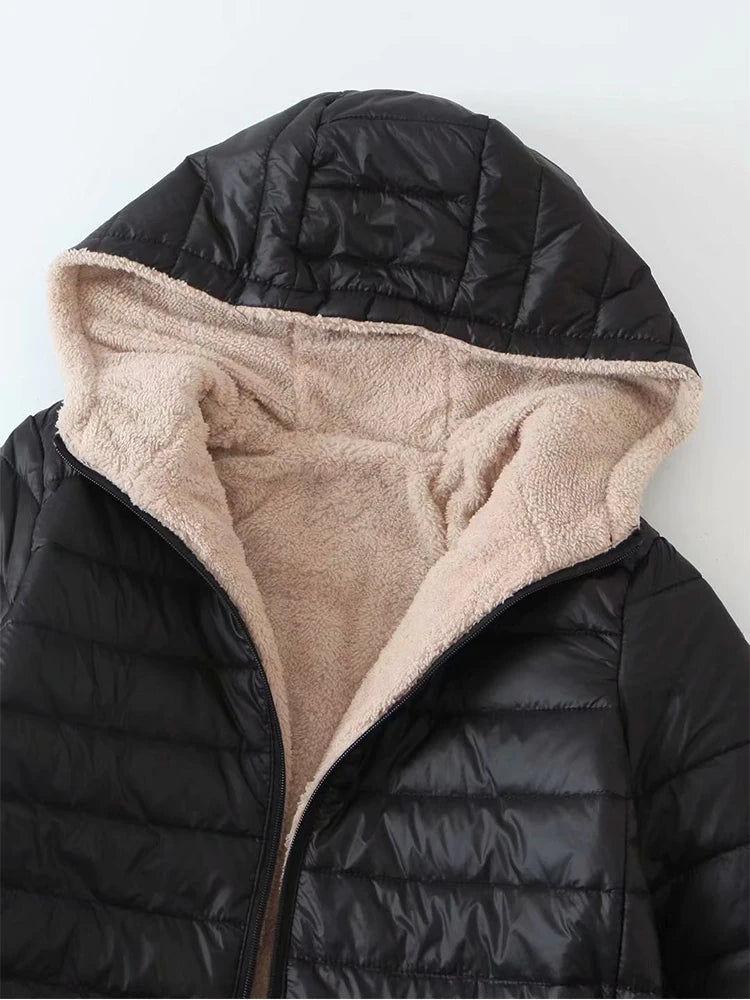 Korean Edition Hooded Women's Fleece Jacket – Mid-Length Warm Parka Coat