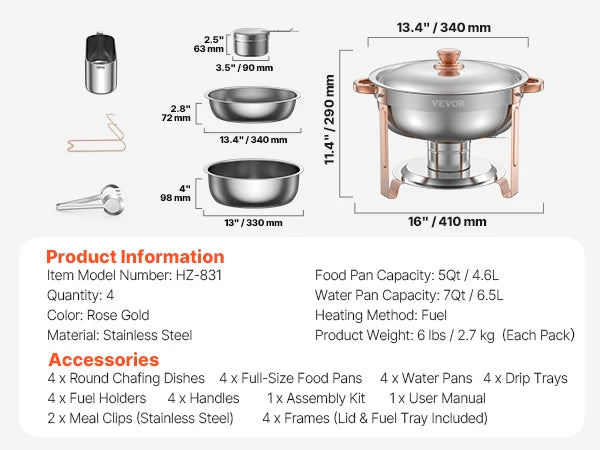 4-Pack Stainless Steel Chafing Dish Buffet Set – Full Size Catering Warmer for Parties