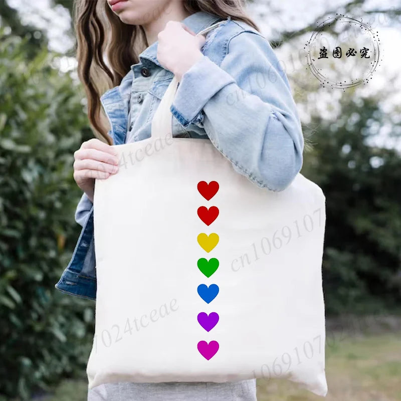 Harajuku Watercolor Heart Print Canvas Shopper Bag – Large Capacity Minimalist Shoulder Bag for Women