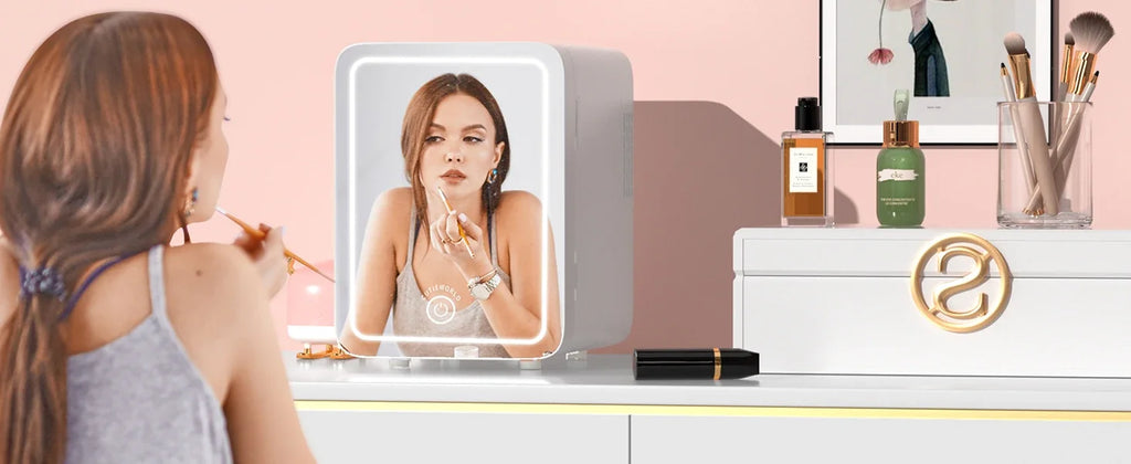 Skincare Fridge with Dimmable LED Light Mirror — 4L Makeup Mini Fridge for Bedroom & Car