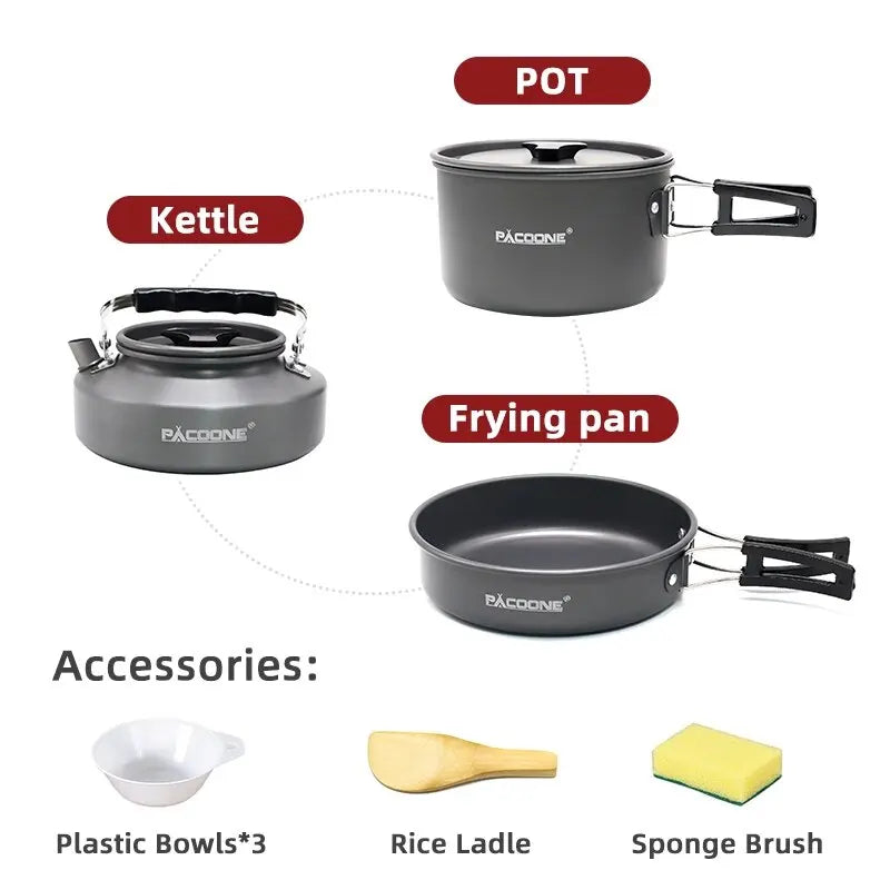 PACOONE Camping Cookware Set — Portable Outdoor Pot, Pan, Kettle & Tableware Kit