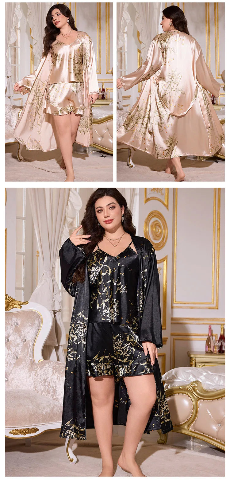 3-Piece Floral Kimono Robe & Pajama Set — Satin Loungewear