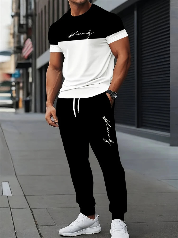 Men's Letter Print Round Neck Short Sleeve & Drawstring Long Pants Plus Size 2-Piece Outfit