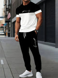 Men's Letter Print Round Neck Short Sleeve & Drawstring Long Pants Plus Size 2-Piece Outfit