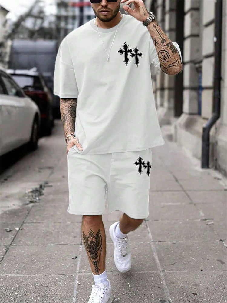 Men's Cross Print Short Sleeve T-Shirt & Shorts Set – Casual 2-Piece