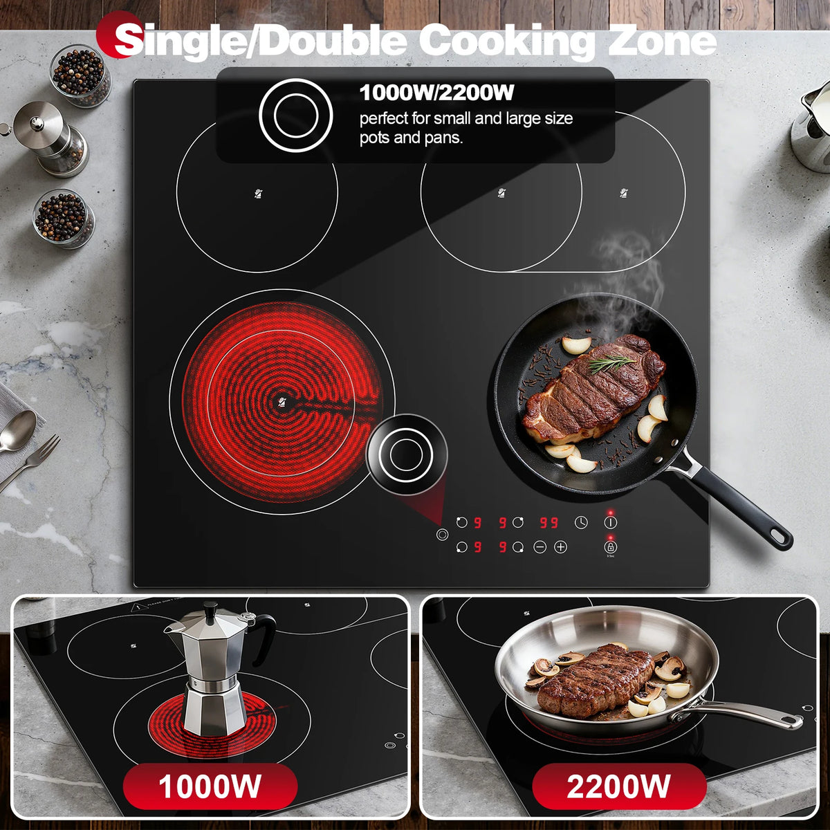 2-Zone Ceramic Hob – 3000W, Child Lock, 9 Heat Levels, 1-99 Min Timer, 60cm Black Glass (CE Certified)