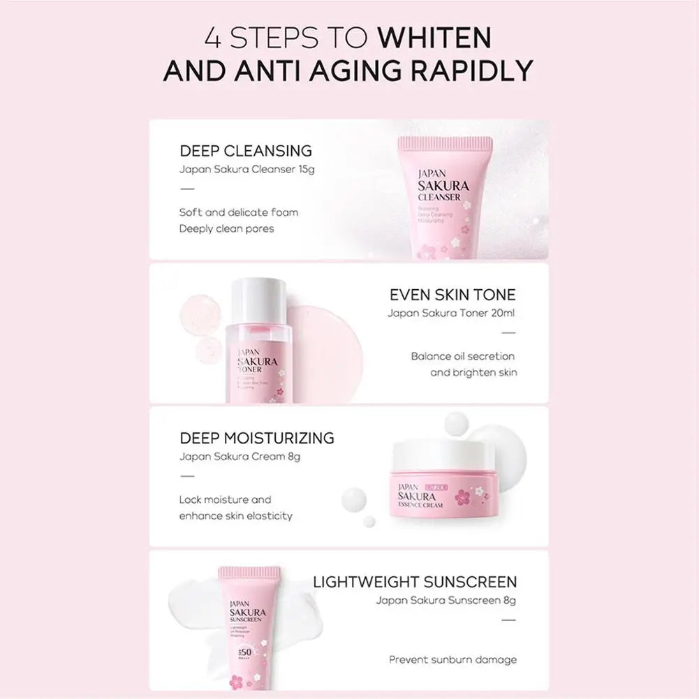 Sakura Skincare Gift Set – Cleanser Toner Serum Eye Cream & Sunscreen