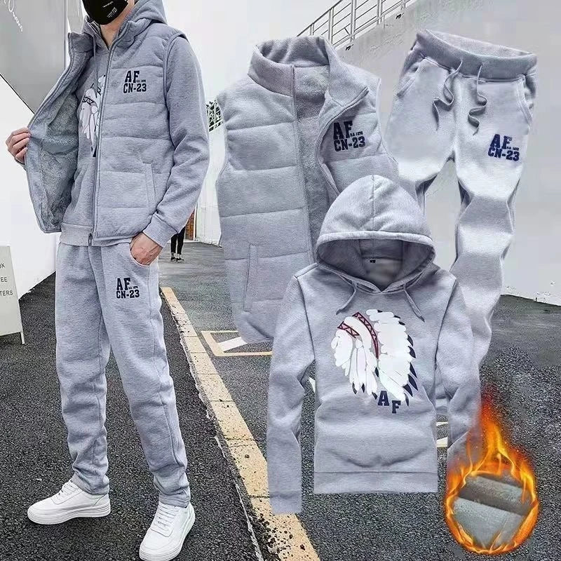 Men's 3-Piece Winter Tracksuit – Hoodie, Vest & Pants Thick Warm Set