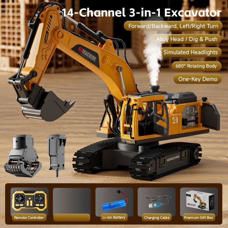 14-Channel 3-in-1 RC Excavator with Mist Spray – Alloy Remote Control Construction Truck