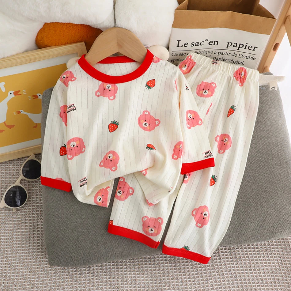 Kids' Cartoon Bear Long Sleeve Pajamas Set | Soft Breathable Sleepwear Boys & Girls