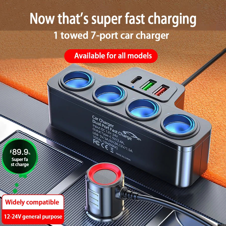 120W Multi-Function USB & Type-C Fast Charging Car Charger – 4-Port Multi-Device Charger