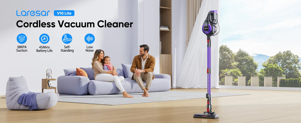 Laresar V10 Lite Cordless Vacuum Cleaner — 38000Pa Strong Suction, 45-Min Runtime, Smart Button for Carpet & Hair