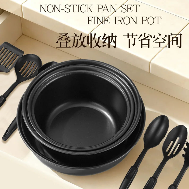 Portable pot set, kitchen pot non-stick pan, soup pan, saucepan, frying pan 13-piece set