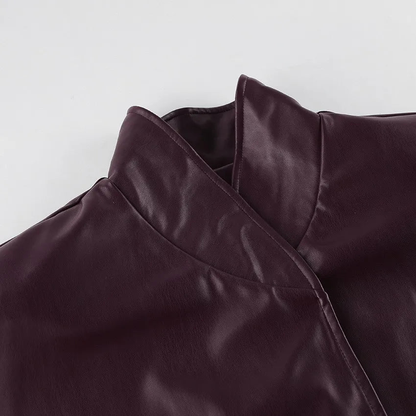 Women's Belted Faux Leather Jacket – Wine Red