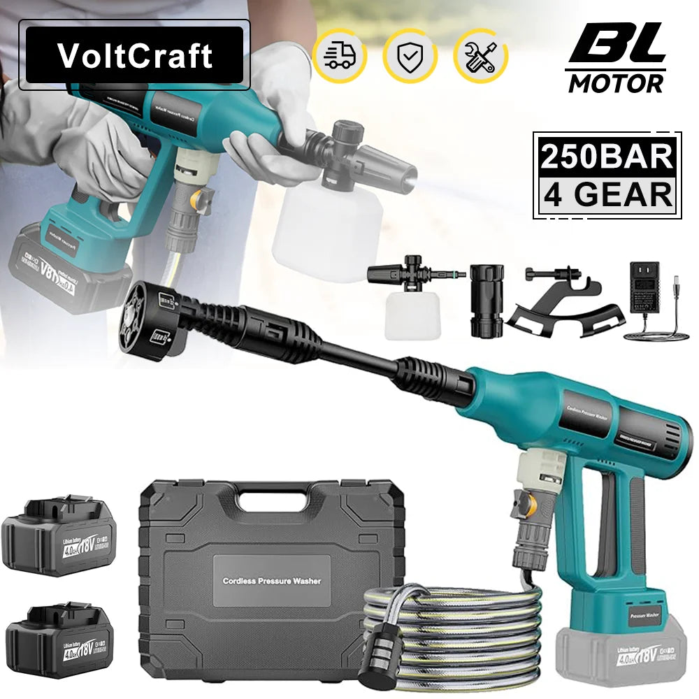 250 Bar Brushless Cordless Pressure Washer – 4 Gears, 6-in-1, Makita 18V Compatible
