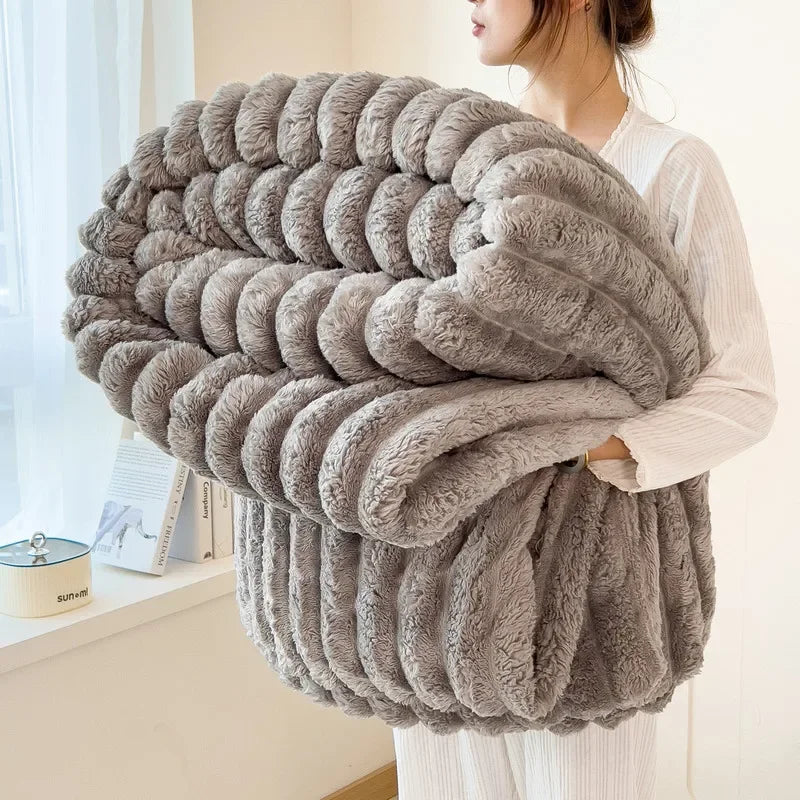 Striped Plush Blanket – Soft Faux Rabbit Fur Throw