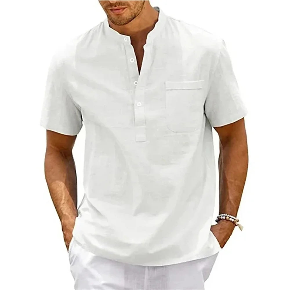Men's Cotton Linen Henley Beach Short Sleeve Shirt — Lightweight Summer Casual Shirt