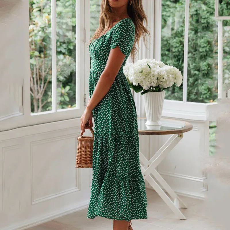 Women's Vintage Floral Puff Sleeve Maxi Beach Dress – Square Collar Casual Long Dress