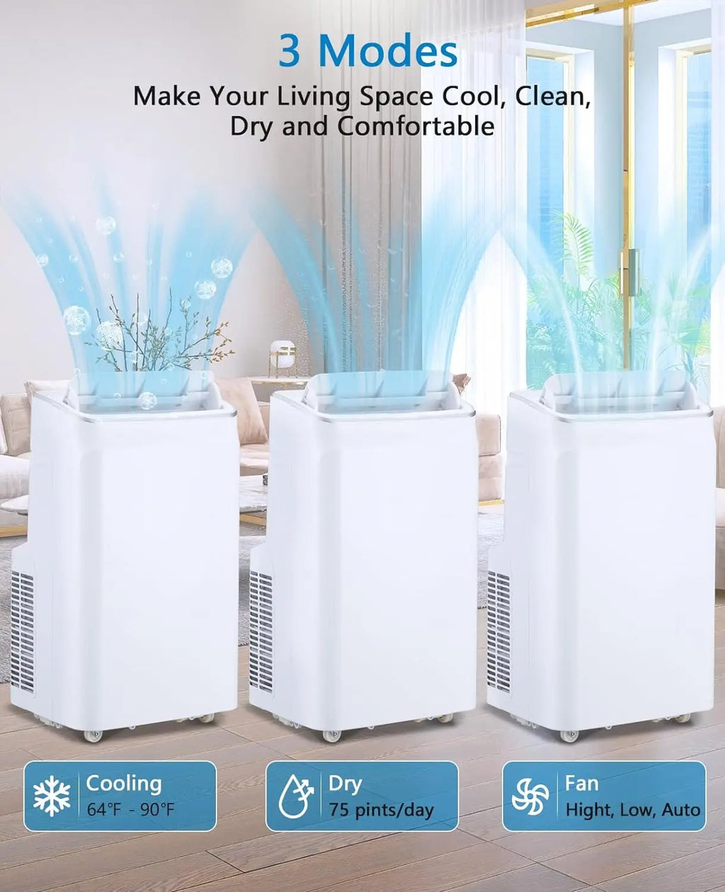 12,000 BTU 4-in-1 Portable Air Conditioner — Ultra Quiet, Dehumidifier, Sleep Mode, Reusable Filter & Remote for Home & Office up to 550 Sq Ft