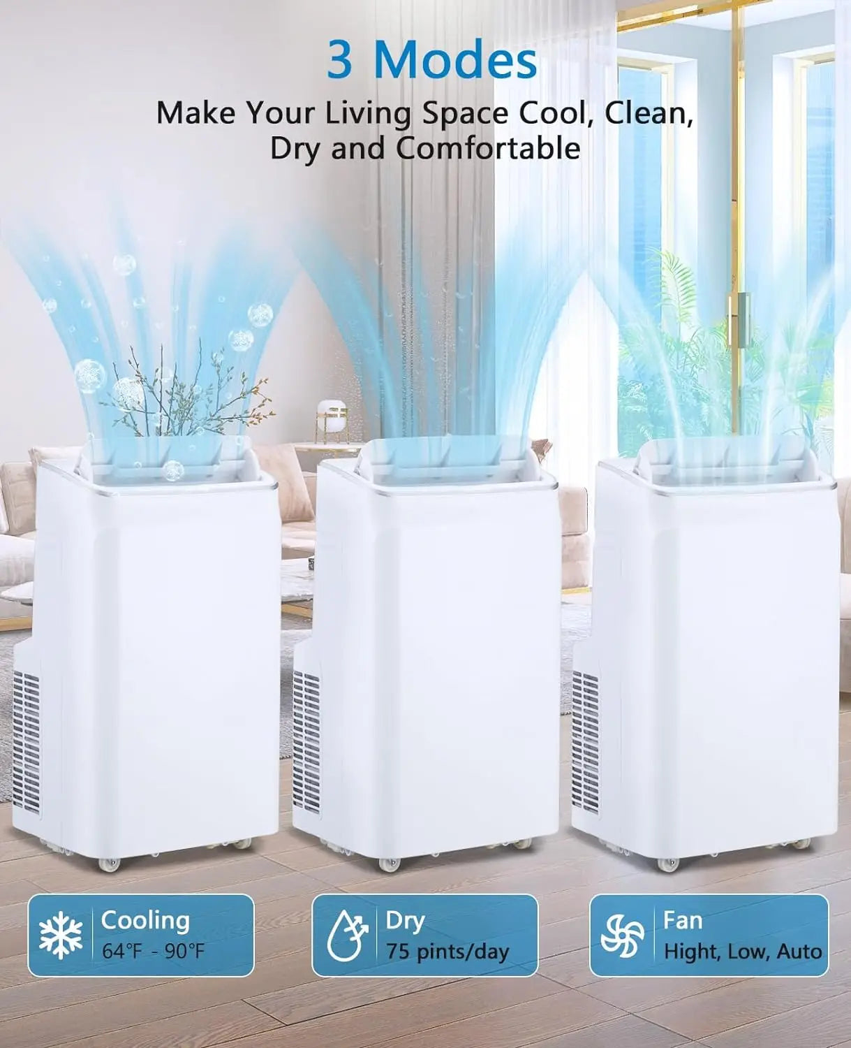 12,000 BTU 4-in-1 Portable Air Conditioner — Ultra Quiet, Dehumidifier, Sleep Mode, Reusable Filter & Remote for Home & Office up to 550 Sq Ft