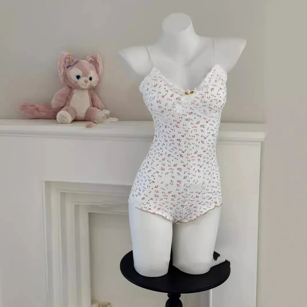 Floral Print Lace Bodysuit – Sleeveless Slim Fit Leotard Romper for Women