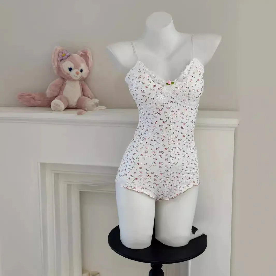 Floral Print Lace Bodysuit – Sleeveless Slim Fit Leotard Romper for Women
