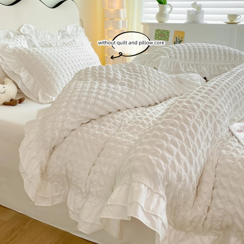 Korean Seersucker Lace Duvet Cover Set – 3-Piece Bedding, 3 Colors & 10 Sizes