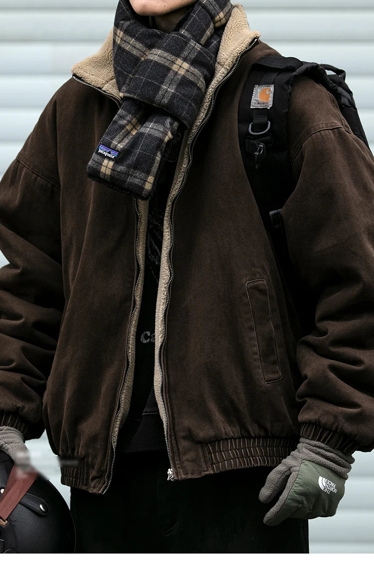 Men's Vintage Polar Fleece Jacket — Korean Streetwear Loose Warm Coat