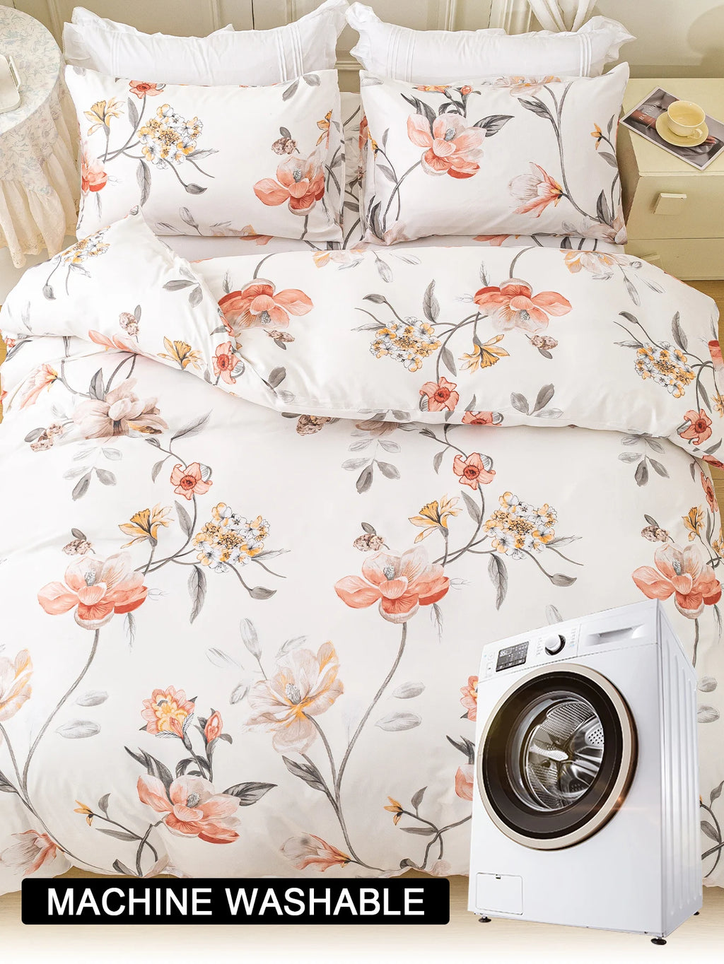 Leaf Floral Print Duvet Cover Set – Soft 3-Piece Bedding with 2 Pillowcases, 2 Colors & 11 Sizes
