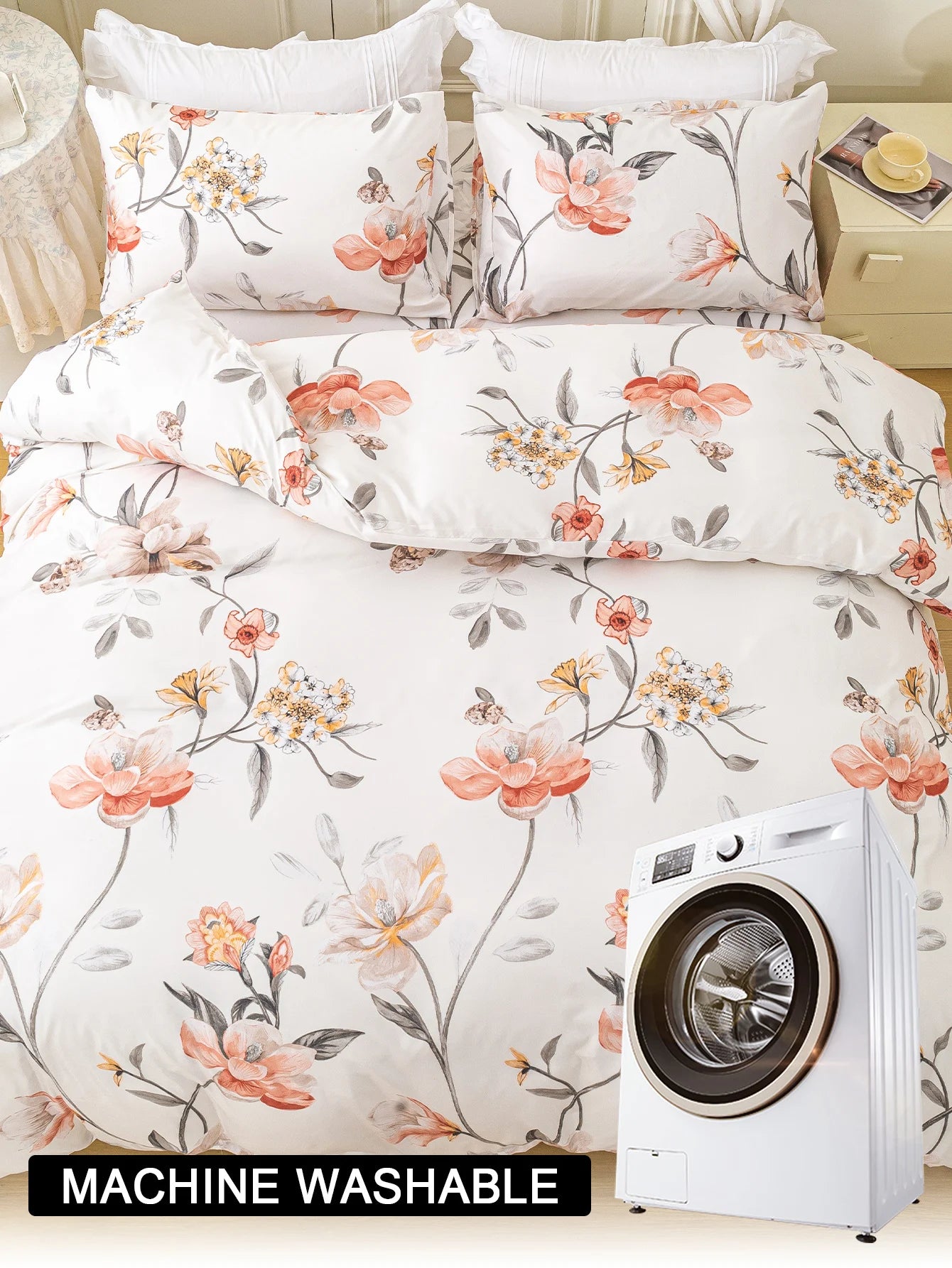 Leaf Floral Print Duvet Cover Set – Soft 3-Piece Bedding with 2 Pillowcases, 2 Colors & 11 Sizes