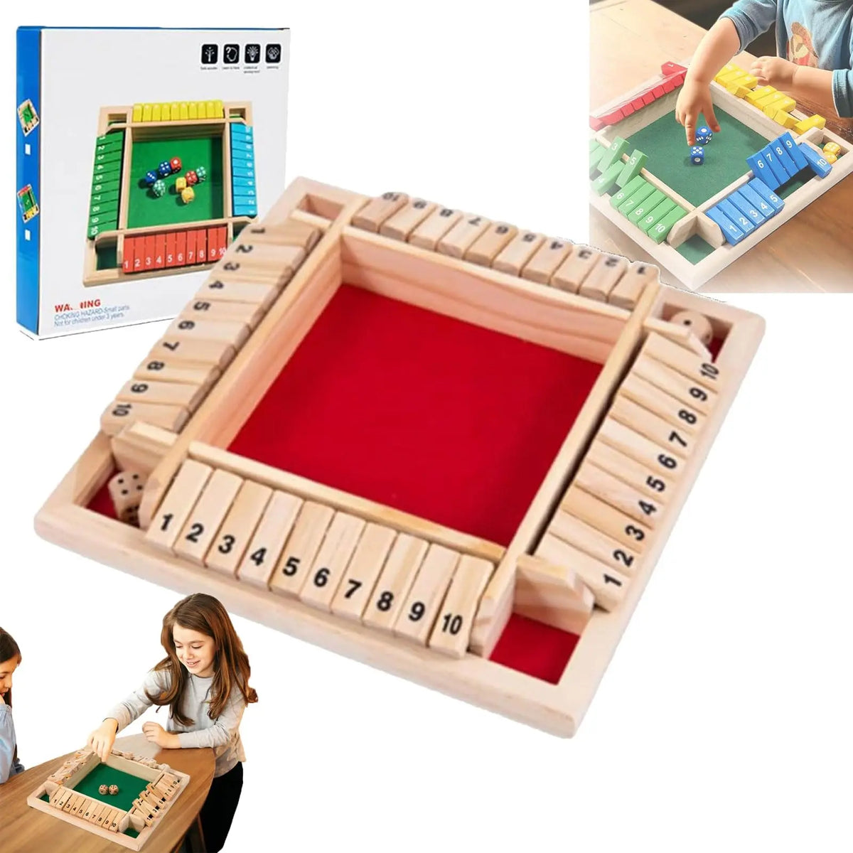 Shut the Box – Wooden Dice Board Game for 2-4 Players, Four-Sided Flip Card Math Game