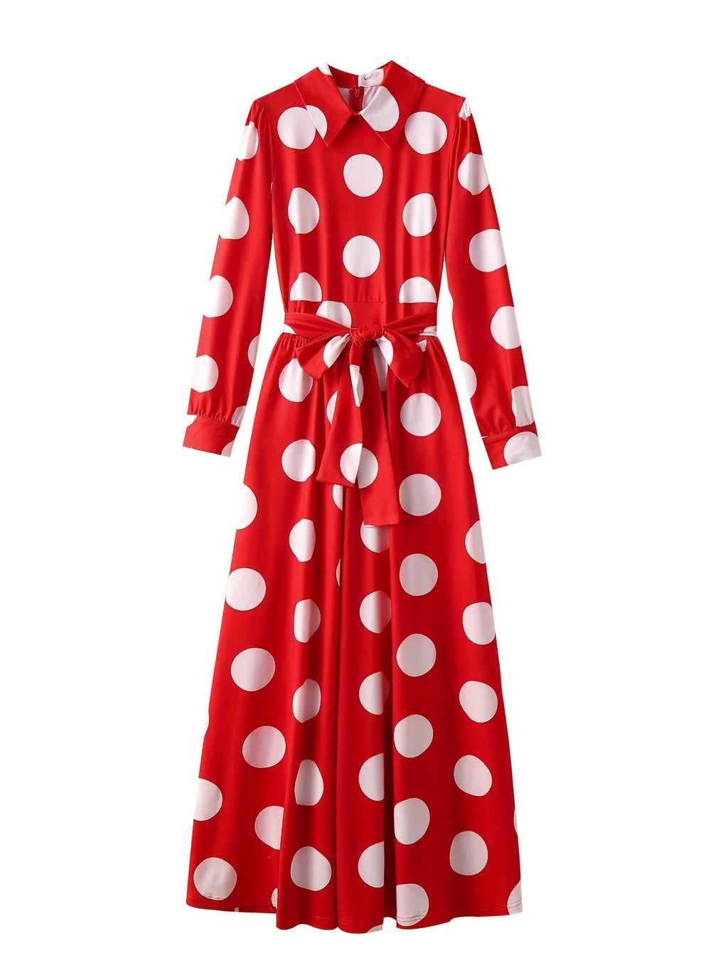 Bow Knot Polka Dot Maxi Dress — Long Sleeve Elegant Casual Lady Dress