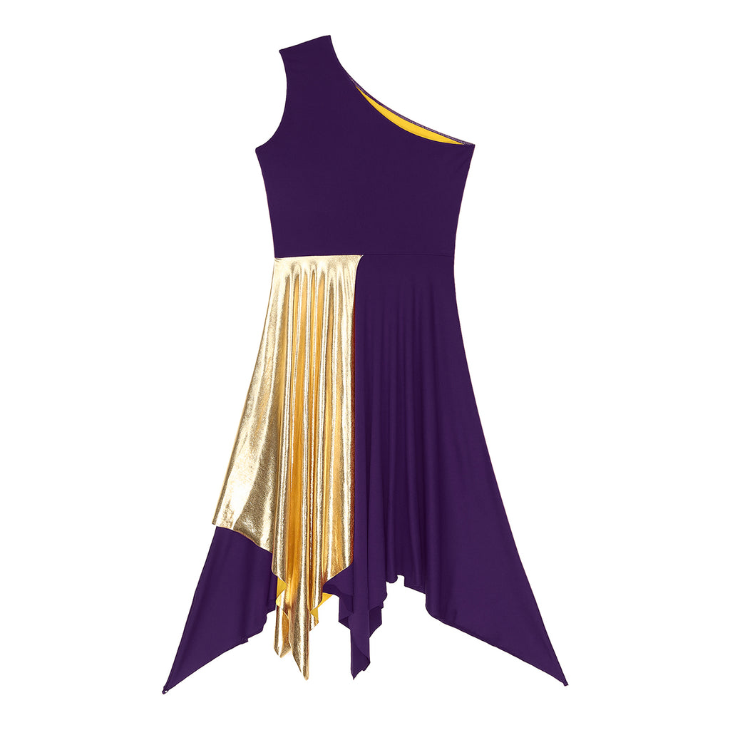 One Shoulder Irregular Hem Dance Performance Dress — Lyrical Worship Dancewear Costume