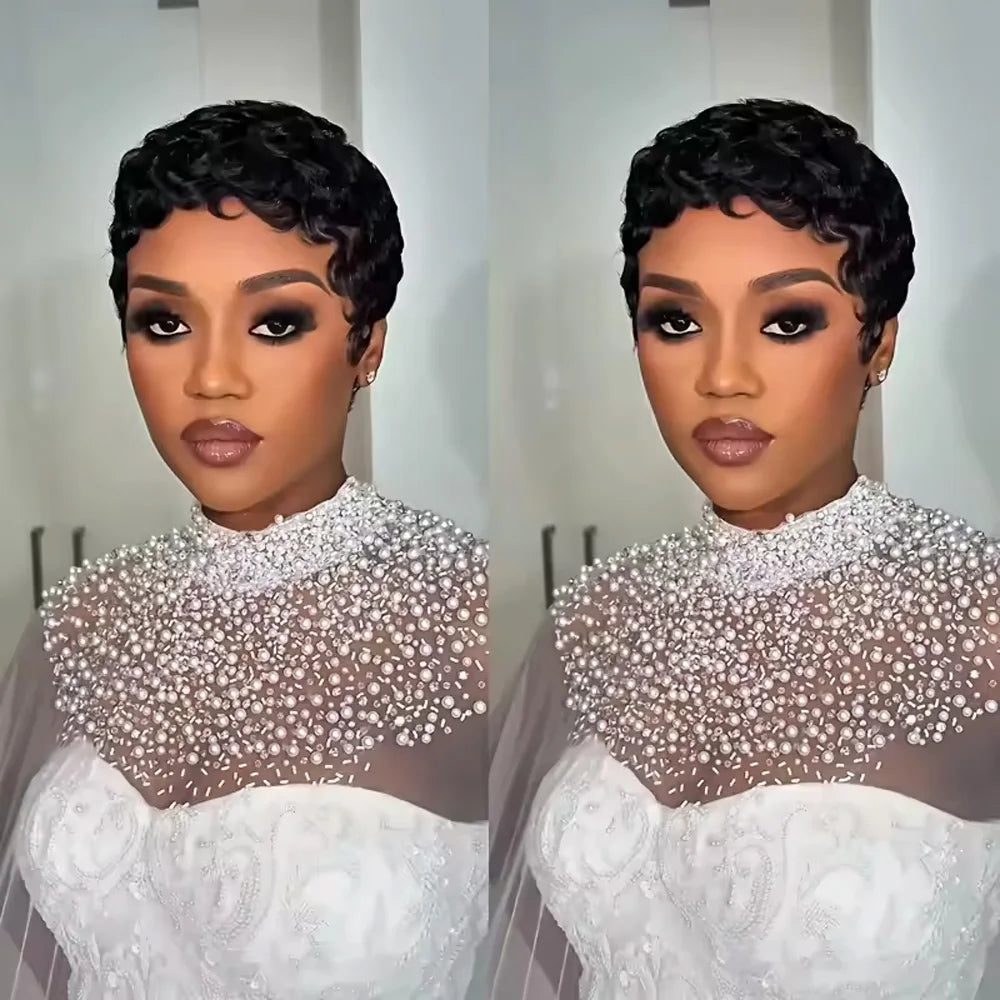 Women's Human Hair Pixie Cut Wig full machine made - Short Layered Curly with Bangs, Natural Black 250% Density