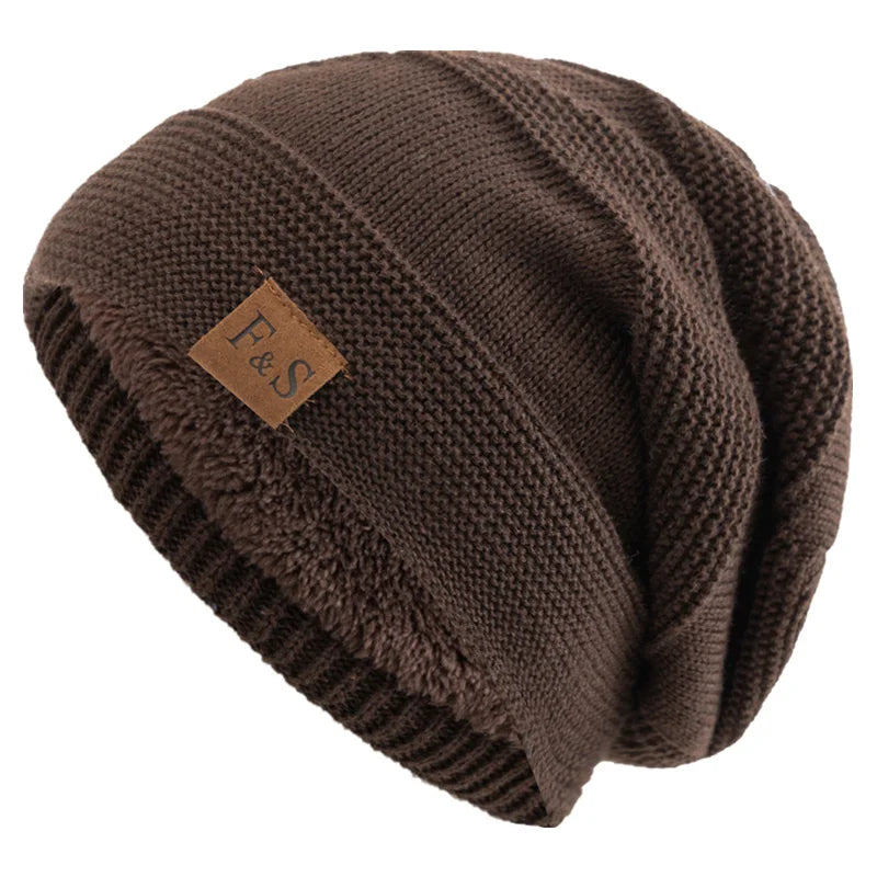 Unisex Slouchy Fur Lined Winter Beanie Hat — Warm Label Decor Knitted Cap for Men & Women