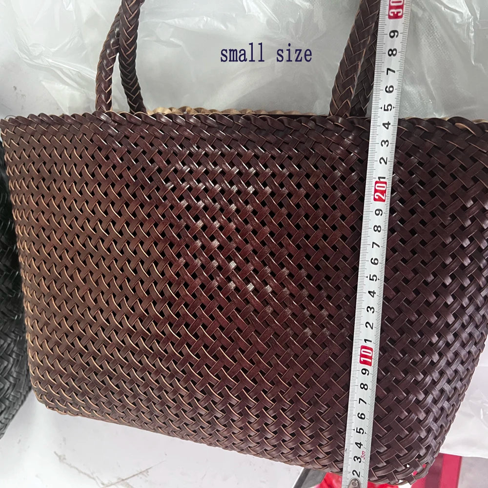 Handmade Woven Cowhide Leather Bucket Tote Bag – Romantic Beach Shoulder Handbag for Women