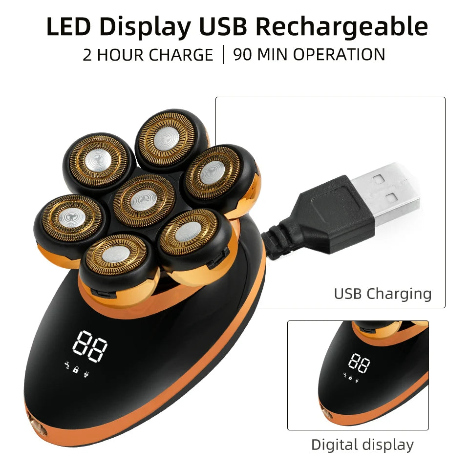 7D Floating Head Electric Shaver for Men – Wet/Dry Rotary Razor with LCD Display & Bald Head Trimmer